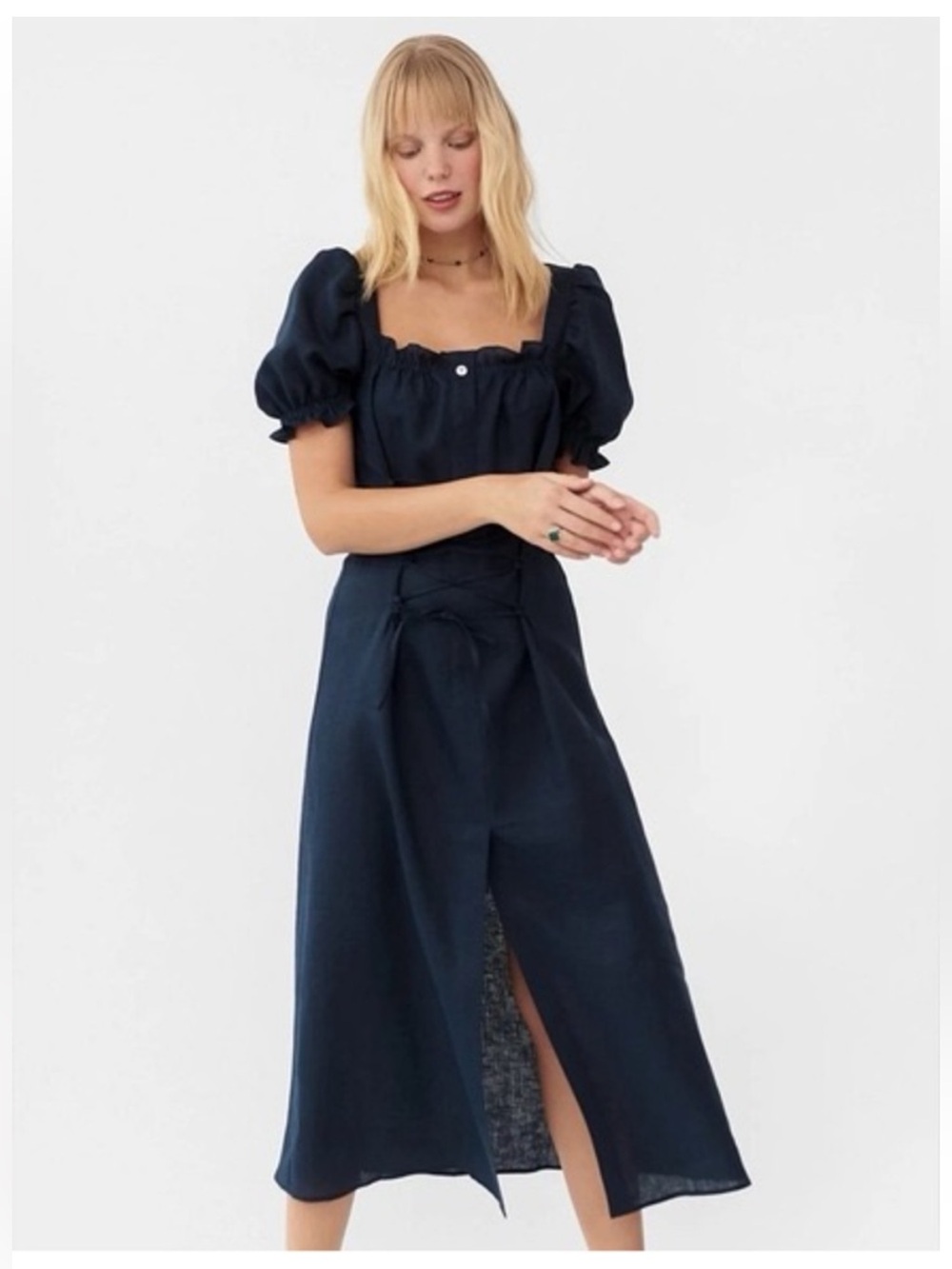 Sleeper 100% linen lace up dress in Navy